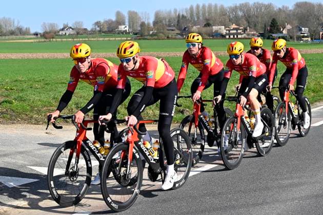 Omloop Het Nieuwsblad 2026 Cycling Race Media Activities 26 02 2026 NINOVE, BELGIUM - FEBRUARY 26 : riders of team Uno-X Mobility during a training and reconnaissance session prior to the 81th edition of Omloop Het Nieuwsblad an UCI World Tour 1.UWT one day cycling road race for Men Elite of km with start in Ghent and finish in Ninove on February 26, 2026 in Ninove, Belgium, 26 02 2026 ( Motordriver Guy De Vuyst - Ninove Belgium  Copyright: xTomasxSiskx