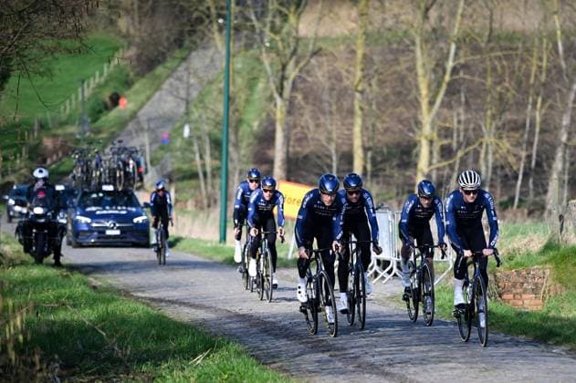 Pinarello Q36.5 Pro Cycling Team riders pictured at the Haaghoek climb during a track reconnaissance session ahead of this weekend s one-day cycling race Omloop Het Nieuwsblad, the opening race of the Flemish classic one day races season, Thursday 26 February 2026. ELIASxROM  x165335481x