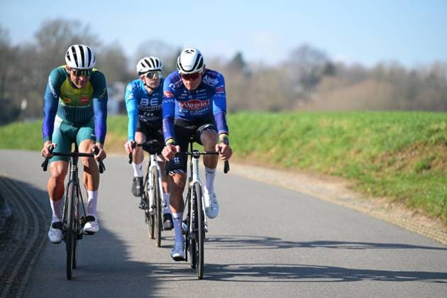 Dutch Mathieu van der Poel of Alpecin-Premier Tech (R) and Belgian Greg Van Avermaet (L) pictured at a track reconnaissance session ahead of this weekend s one-day cycling race Omloop Het Nieuwsblad, the opening race of the Flemish classic one day races season, Thursday 26 February 2026. DAVIDxPINTENS  x165363323x