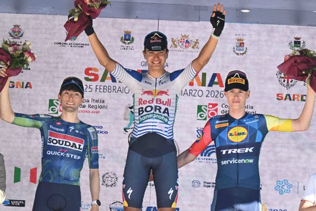 26-02-2026 Giro Di Sardegna; Tappa 02 Oristano - Carbonia; 2026, Red Bull - Bora Hansgrohe Rookies; 2026, Soudal - Quick Step; 2026, Lidl - Trek Future Racing; Donati, Davide; Garofoli, Gianmarco; Frydkjaer, Patrick Boje; Carbonia; 