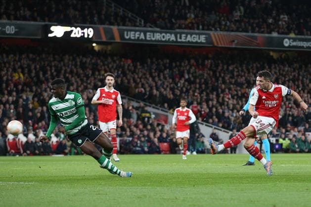 Arsenal FC v Sporting CP: Round of 16 Leg Two - UEFA Europa League& xA;& xA; Granit Xhaka of Arsenal scores 1st goal during the UEFA Europa League round of 16 leg two match between Arsenal FC and Sporting CP at Emirates Stadium on March 16, 2023 in London, England. London Emirates Stadium England United Kingdom Copyright: xAllstarxPicturexLibraryxLtdx