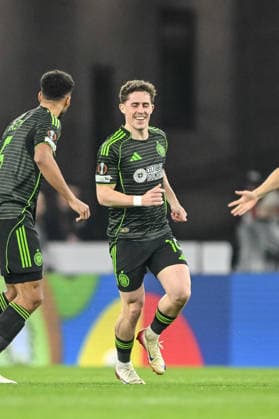 Luke Mc Cowan Celtic FC celebrates after scoring his team s first goal during the UEFA Europa League 2025 26 Knockout Play off Second Leg match between VfB Stuttgart and Celtic FC at Stuttgart Arena on February 26, 2026 in Stuttgart, Germany Photo by Harry Langer DeFodi Images
