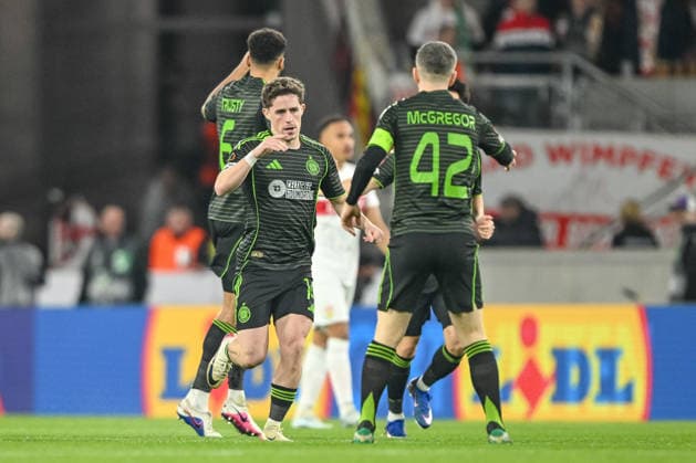 Luke Mc Cowan Celtic FC celebrates after scoring his team s first goal during the UEFA Europa League 2025 26 Knockout Play off Second Leg match between VfB Stuttgart and Celtic FC at Stuttgart Arena on February 26, 2026 in Stuttgart, Germany Photo by Harry Langer DeFodi Images
