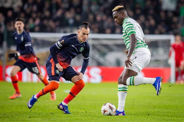 FERENCVAROS - LUDOGORETS Bamidele Yusuf of Ferencvaros and Son of Ludogorets during the 2 nd leg of KO play off s of UEFA Europa league football match between Ferencvarosi TC and PFC Ludogorets Razgrad. Groupama Arena, Ferencvaros Arena, Budapest, Hungary, February 26, 2026. Photo by Branislav Racko Copyright: xx 080A6831