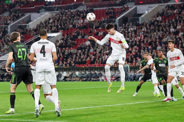 Atakan Karazor VfB Stuttgart, 16 on header , Germany, Football, UEFA Europa League, Play offs, 2025 2026, VfB Stuttgart vs Celtic Glasgow, 26 02 2026, Stuttgart MHP Arena Germany Copyright: xGrantxHubbsx
