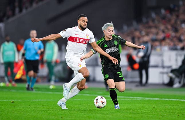 Josha Vagnoman VfB Stuttgart and Daizen Maeda Celtic FC battle for the ball during the UEFA Europa League 2025 26 Knockout Play off Second Leg match between VfB Stuttgart and Celtic FC at Stuttgart Arena on February 26, 2026 in Stuttgart, Germany Photo by Silas Schueller DeFodi Images
