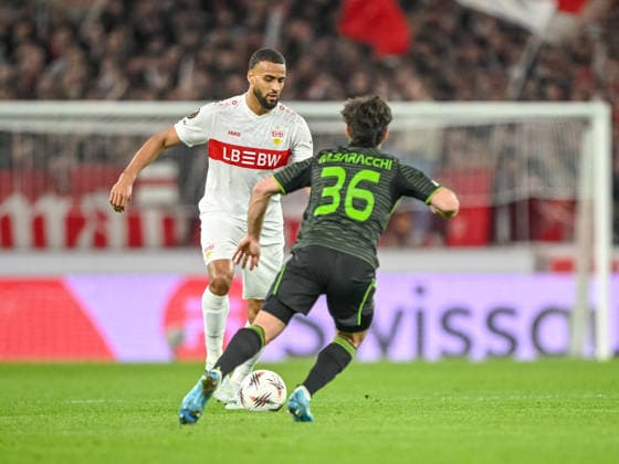 Josha Vagnoman VfB Stuttgart and Marcelo Saracchi Celtic FC battle for the ball during the UEFA Europa League 2025 26 Knockout Play off Second Leg match between VfB Stuttgart and Celtic FC at Stuttgart Arena on February 26, 2026 in Stuttgart, Germany Photo by Harry Langer DeFodi Images