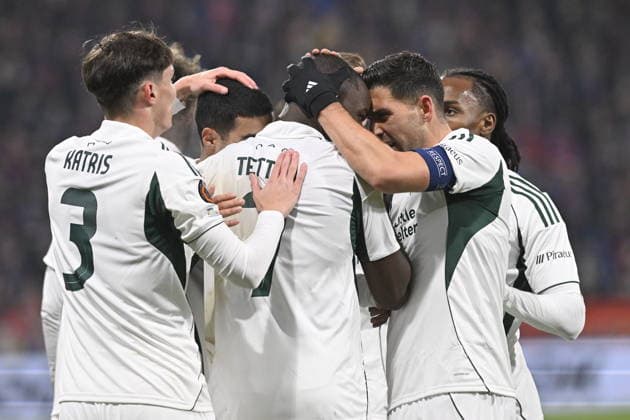 Panathinaikos Athens players celebrate a goal during the European League playoffs return match of 1st round Viktoria Plzen vs Panathinaikos Athens on February 26, 2026 in Pilsen, Czech Republic. (CTKxPhoto MiroslavxChaloupka) CTKPhotoP2026022607535  CTKPhotoP2026022607535