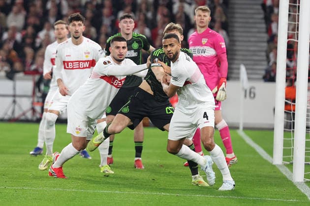 26 02 2026, xrekx, Football UEFA Europa League, VfB Stuttgart Celtic Glasgow v l Eckball Deniz Undav VfB Stuttgart Dane Murray Celtic Glasgow Josha Vagnoman VfB Stuttgart DFL DFB REGULATIONS PROHIBIT ANY USE OF PHOTOGRAPHS as IMAGE SEQUENCES and or QUASI VIDEO Stuttgart