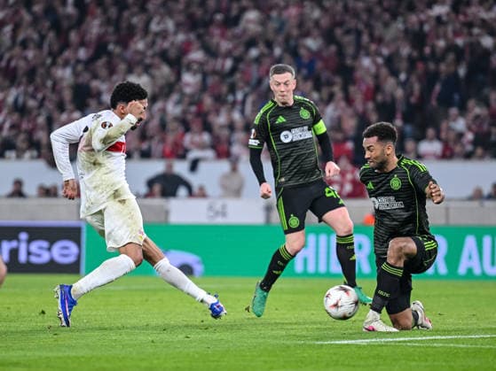 Tiago Tomas VfB Stuttgart and Auston Trusty Celtic FC battle for the ball during the UEFA Europa League 2025 26 Knockout Play off Second Leg match between VfB Stuttgart and Celtic FC at Stuttgart Arena on February 26, 2026 in Stuttgart, Germany Photo by Harry Langer DeFodi Images