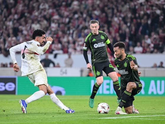 Tiago Tomas VfB Stuttgart and Auston Trusty Celtic FC battle for the ball during the UEFA Europa League 2025 26 Knockout Play off Second Leg match between VfB Stuttgart and Celtic FC at Stuttgart Arena on February 26, 2026 in Stuttgart, Germany Photo by Harry Langer DeFodi Images
