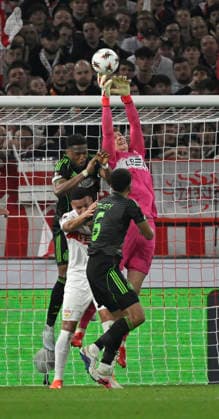 Goalkeeper Alexander Nuebel VfB Stuttgart 33 Penalty area scene, goal area scene unsafe action against Junior Adamu Celtic Glasgow FC 09 Auston Trusty Celtic Glasgow FC 06 VfB Stuttgart vs Celtic Glasgow FC EUROPA LEAGUE EL 26 02 2026 DFL REGULATIONS PROHIBIT ANY USE OF PHOTOGRAPHS AS IMAGE SEQUENCES AND OR QUASI VIDEO VfB Stuttgart vs Celtic Glasgow FC EL