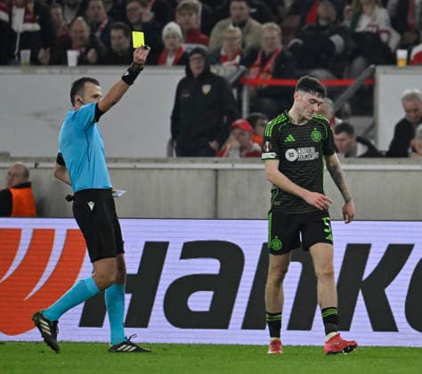 Referee Referee Irfan Peljto BIH shows Colby Donovan Celtic Glasgow FC 51 yellow card yellow warning gesture gesture VfB Stuttgart v Celtic Glasgow FC EUROPA LEAGUE EL 26 02 2026 DFL REGULATIONS PROHIBIT ANY USE OF PHOTOGRAPHS AS IMAGE SEQUENCES AND OR QUASI VIDEO VfB Stuttgart v Celtic Glasgow FC EL