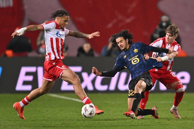 CRVENA ZVEZDA vs LOSC LILLE JAY IFEANYI JUNIOR ENEM Dzej Ifeanji Dzunior Enem, AYYOUB BOUADDI, VASILIJE KOSTOV football Crvena zvezda vs LOSC Lille UEFA Europa league Rajko Mitic stadium, Belgrade 26.02.2026 Foto: FOOTBALL, UEFA EUROPA LEAGUE, CRVENA ZVEZDA, RED STAR, LOSC LILLE Belgrade Rajko Mitic stadium Serbia Copyright: xMarkoxMetlas xMNxPressx