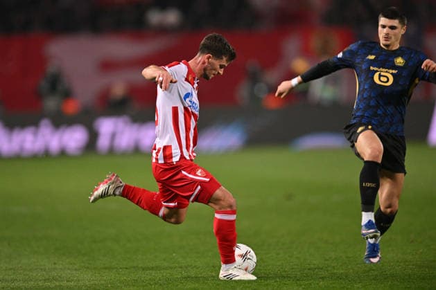 CRVENA ZVEZDA vs LOSC LILLE NOAH EDJOUMA vs MATIAS FERNANDEZ PARDO football Crvena zvezda vs LOSC Lille UEFA Europa league Rajko Mitic stadium, Belgrade 26.02.2026 Foto: FOOTBALL, UEFA EUROPA LEAGUE, CRVENA ZVEZDA, RED STAR, LOSC LILLE Belgrade Rajko Mitic stadium Serbia Copyright: xMarkoxMetlas xMNxPressx