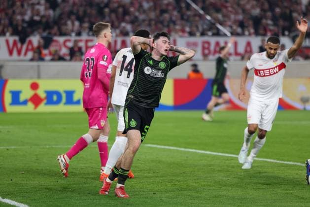 Disappointment, frustration for Colby Donovan 51 Celtic Glasgow FC after a chance, with Alexander Nuebel 33 VfB Stuttgart and Luca Jaquez 14 VfB Stuttgart as well as Josha Vagnoman 4 VfB Stuttgart , VfB Stuttgart vs Celtic Glasgow FC, Football, Men, UEFA Europa League, Season 2025 2026, Play off, Round 2 of 2, 26 02 2026 Stuttgart Baden Wuerttemberg Germany Copyright: xkolbert-press MartinxAgüerax