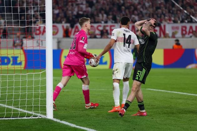 Disappointment, frustration for Colby Donovan 51 Celtic Glasgow FC after a chance, with Alexander Nuebel 33 VfB Stuttgart and Luca Jaquez 14 VfB Stuttgart , VfB Stuttgart vs Celtic Glasgow FC, Football, Men, UEFA Europa League, Season 2025 2026, Play off, Round 2 of 2, 26 02 2026 Stuttgart Baden Wuerttemberg Germany Copyright: xkolbert-press MartinxAgüerax