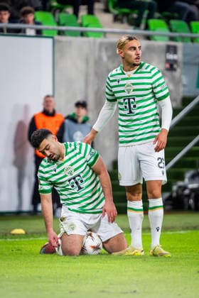 FERENCVAROS - LUDOGORETS Cebrails Makreckis, Mohammad Abu Fani of Ferencvaros during the 2 nd leg of KO play off s of UEFA Europa league football match between Ferencvarosi TC and PFC Ludogorets Razgrad. Groupama Arena, Ferencvaros Arena, Budapest, Hungary, February 26, 2026. Photo by Branislav Racko Copyright: xx _BRR2747