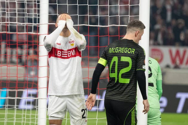 Frustration for Badredine Bouanani VfB Stuttgart, 27 after a missed scoring chance, GER, VfB Stuttgart vs Celtic FC Glasgow, Football, UEFA Europa League, Men, Play Offs second leg, 2025 2026 season, 26 02 2026, GER, VfB Stuttgart vs Celtic FC Glasgow, Football, UEFA Europa League, Men, Play Offs second leg, 2025 2026 season, 26 02 2026 Stuttgart Copyright: xEibner-Pressefoto WolfgangxFrankx EP_WFK