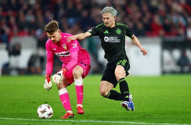 Alexander Nubel of Stuttgart and Daizen Maeda of Celtic. Stuttgart v Celtic, UEFA Europa League, Knockout Round Play Offs, Second Leg, Football, MHP Arena, Stuttgart, Germany - 26 Feb 2026Stuttgart MHP Arena Germany EDITORIAL USE ONLY No use with unauthorised audio, video, data, fixture lists, club league logos or live services. Online in-match use limited to 120 images, no video emulation. No use in betting, games or single club league player publications. Copyright: xJamesxMarsh Shutterstockx 16701577cf