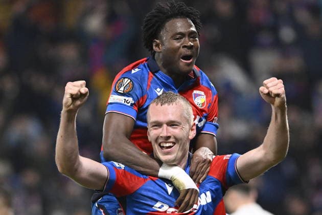 Karel Spacil and Salim Lawal of Plzen celebrate a goal during the European League playoffs return match of 1st round Viktoria Plzen vs Panathinaikos Athens on February 26, 2026 in Pilsen, Czech Republic. (CTKxPhoto MiroslavxChaloupka) CTKPhotoP2026022608181  CTKPhotoP2026022608181
