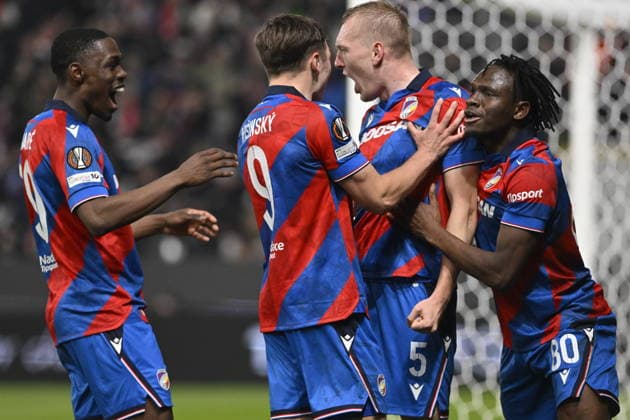 Viktoria Plzen players celebrate a goal during the European League playoffs return match of 1st round Viktoria Plzen vs Panathinaikos Athens on February 26, 2026 in Pilsen, Czech Republic. (CTKxPhoto MiroslavxChaloupka) CTKPhotoP2026022608195  CTKPhotoP2026022608195