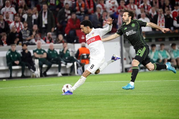 26 02 26 VfB Stuttgart Celtic Glasgow Germany, Stuttgart, 26 02 2026, Football, UEFA Europa League, Season 2025 2026, Play Offs, Second leg, VfB Stuttgart Celtic Glasgow v l Tiago Tomas VfB Stuttgart , Marcelo Saracchi Celtic Glasgow