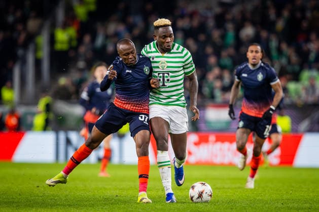 FERENCVAROS - LUDOGORETS Bamidele Yusuf of Ferencvaros and Bernard Tekpetey of Ludogorets during the 2 nd leg of KO play off s of UEFA Europa league football match between Ferencvarosi TC and PFC Ludogorets Razgrad. Groupama Arena, Ferencvaros Arena, Budapest, Hungary, February 26, 2026. Photo by Branislav Racko Copyright: xx 080A7777