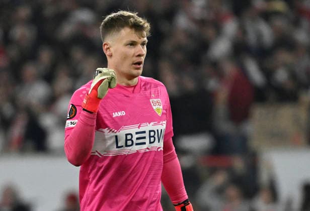 Goalkeeper Alexander Nuebel VfB Stuttgart 33 cheers, joy, emotion, emotional, jubilant, happy, VfB Stuttgart vs Celtic Glasgow FC EUROPA LEAGUE EL 26 02 2026 DFL REGULATIONS PROHIBIT ANY USE OF PHOTOGRAPHS AS IMAGE SEQUENCES AND OR QUASI VIDEO VfB Stuttgart vs Celtic Glasgow FC EL