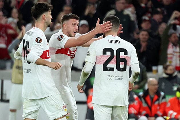 26 02 2026, xrekx, Football UEFA Europa League, VfB Stuttgart Celtic Glasgow v l Jubel, Offside goal Deniz Undav VfB Stuttgart Viljami Sinisalo Celtic Glasgow Atakan Karazor VfB Stuttgart Ermedin Demirovic VfB Stuttgart DFL DFB REGULATIONS PROHIBIT ANY USE OF PHOTOGRAPHS as IMAGE SEQUENCES and or QUASI VIDEO Stuttgart