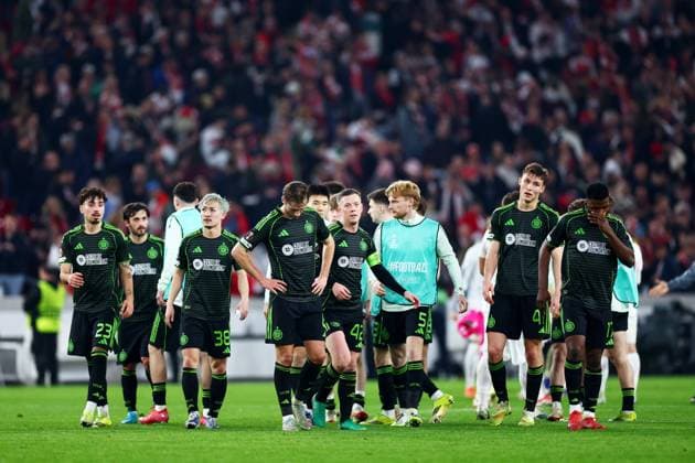 Celtic players at full time. Stuttgart v Celtic, UEFA Europa League, Knockout Round Play Offs, Second Leg, Football, MHP Arena, Stuttgart, Germany - 26 Feb 2026Stuttgart MHP Arena Germany EDITORIAL USE ONLY No use with unauthorised audio, video, data, fixture lists, club league logos or live services. Online in-match use limited to 120 images, no video emulation. No use in betting, games or single club league player publications. Copyright: xJamesxMarsh Shutterstockx 16701577co