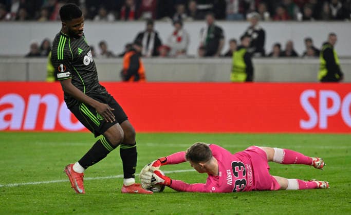 Goalkeeper Alexander Nuebel VfB Stuttgart 33 Action in front of Kelechi Iheanacho Celtic Glasgow FC 17 Action on the ball VfB Stuttgart vs Celtic Glasgow FC EUROPA LEAGUE EL 26 02 2026 DFL REGULATIONS PROHIBIT ANY USE OF PHOTOGRAPHS AS IMAGE SEQUENCES AND OR QUASI VIDEO VfB Stuttgart vs Celtic Glasgow FC EL