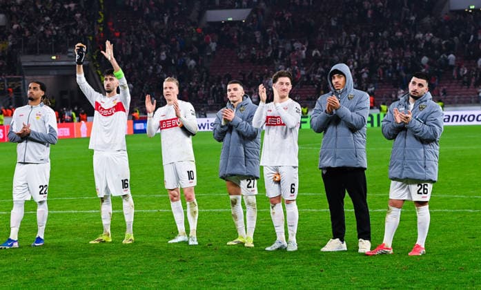 Deniz Undav VfB Stuttgart , Jamie Leweling VfB Stuttgart , Angelo Stiller VfB Stuttgart , Badredine Bouanani VfB Stuttgart , Chris Führich VfB Stuttgart and Atakan Karazor VfB Stuttgart are dejected after losing the UEFA Europa League 2025 26 Knockout Play off Second Leg match between VfB Stuttgart and Celtic FC at Stuttgart Arena on February 26, 2026 in Stuttgart, Germany Photo by Silas Schueller DeFodi Images