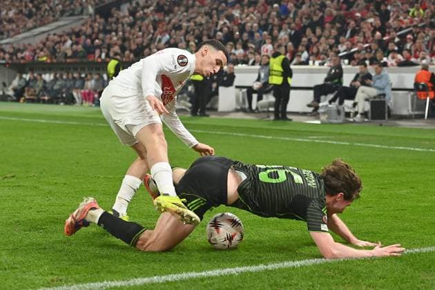 Bilal EL KHANNOUSS VFB Stuttgart , action,duel against Anthony RALSTON Glasgow Football UEFA Europa League VfB Stuttgart Celtic Glasgow 0 1 on 26 02 2026 MHP ARENA