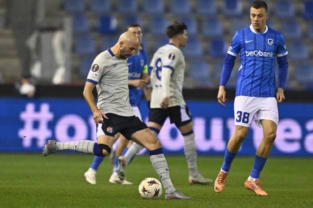 Dinamo s Josip Misic pictured during a soccer game between Belgian team KRC Genk and Croatian GNK Dinamo Zagreb, Thursday 26 February 2026 in Genk, in the play-off for the knockout phase of the UEFA Europa League tournament. Genk won the first leg 1-3. JOHAN EYCKENS JohanxEyckens  x165464298x