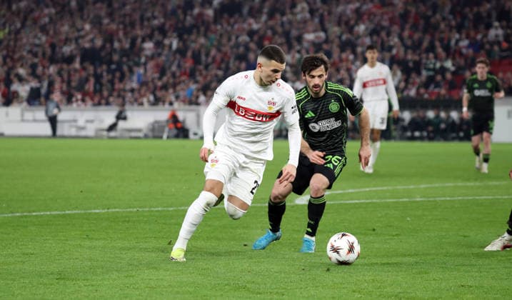 26 02 26 VfB Stuttgart Celtic Glasgow Germany, Stuttgart, 26 02 2026, Football, UEFA Europa League, Season 2025 2026, Play Offs, Second leg, VfB Stuttgart Celtic Glasgow v l Badredine Bouanani VfB Stuttgart , Marcelo Saracchi Celtic Glasgow