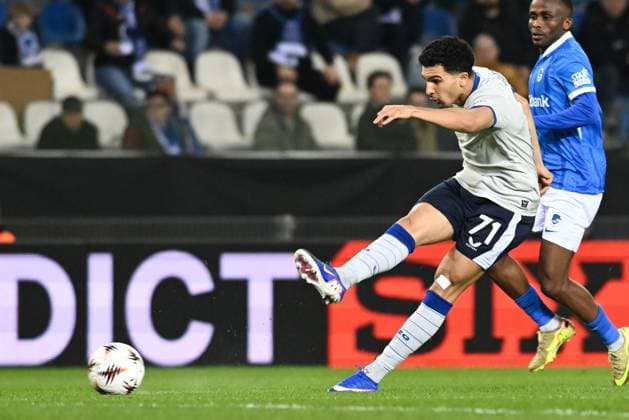 Dinamo s Monsef Bakrar pictured in action during a soccer game between Belgian team KRC Genk and Croatian GNK Dinamo Zagreb, Thursday 26 February 2026 in Genk, in the play-off for the knockout phase of the UEFA Europa League tournament. Genk won the first leg 1-3. JILLxDELSAUX  x165465537x