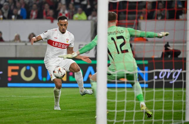 Goal kick Action Goal chance Jamie Leweling VfB Stuttgart 18 against goalkeeper Vijami Sinisaldo Celtic Glasgow FC 12 VfB Stuttgart vs Celtic Glasgow FC EUROPA LEAGUE EL 26 02 2026 DFL REGULATIONS PROHIBIT ANY USE OF PHOTOGRAPHS AS IMAGE SEQUENCES AND OR QUASI VIDEO VfB Stuttgart vs Celtic Glasgow FC EL