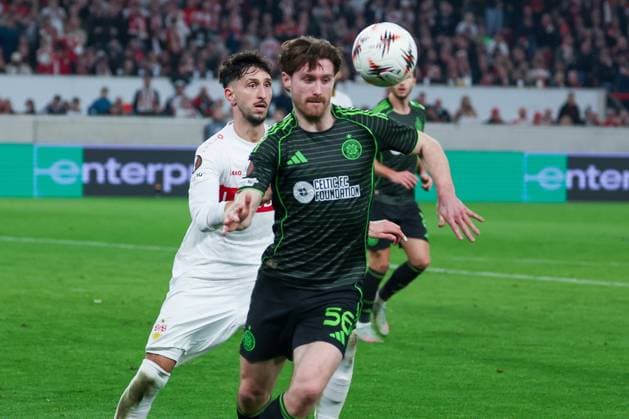Atakan Karazor 16 VfB Stuttgart and Anthony Ralston 56 Celtic Glasgow FC in action, VfB Stuttgart vs Celtic Glasgow FC, Football, Men, UEFA Europa League, Season 2025 2026, Play off, Round 2 of 2, 26 02 2026 Stuttgart Baden Wuerttemberg Germany Copyright: xkolbert-press MartinxAgüerax