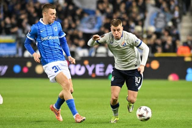 Genk s Daan Heymans and Dinamo s Gabriel Vidovic pictured in action during a soccer game between Belgian team KRC Genk and Croatian GNK Dinamo Zagreb, Thursday 26 February 2026 in Genk, in the play-off for the knockout phase of the UEFA Europa League tournament. Genk won the first leg 1-3. JILLxDELSAUX  x165467988x