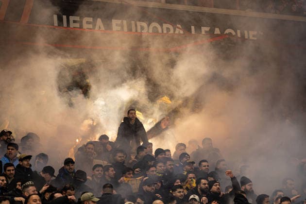 26th February 2026; The City Ground, Nottingham, England; UEFA Europa League Football, Nottingham Forest versus Fenerbahce; Fenerbahce SK fans light flares as the match starts  GodfreyxPitt Content restricted for UK based newspaper
