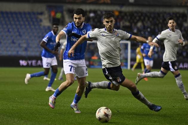 Genk s Zakaria El Ouahdi and Dinamo s Bruno Goda fight for the ball during a soccer game between Belgian team KRC Genk and Croatian GNK Dinamo Zagreb, Thursday 26 February 2026 in Genk, in the play-off for the knockout phase of the UEFA Europa League tournament. Genk won the first leg 1-3. JOHAN EYCKENS JohanxEyckens  x165469354x