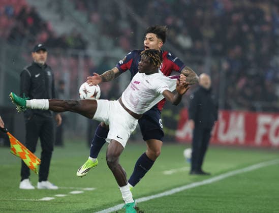 Bologna™s Santiago Castro fight for the ball with Brann™s Nana Kwame Boakye during the UEFA Europa League soccer match between Bologna and Brann at the Renato Dall™Ara Stadium in Bologna, north Italy - Thursday, February 26, 2026  Copyright: xGiannixSantandrea LaPressex