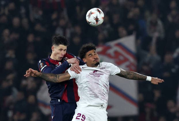 Bologna™s Martin Vitik fight for the ball with Brann™s Noah Holm during the UEFA Europa League soccer match between Bologna and Brann at the Renato Dall™Ara Stadium in Bologna, north Italy - Thursday, February 26, 2026  Copyright: xGiannixSantandrea LaPressex