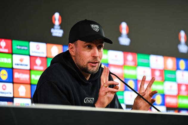 Head coach Sebastian Hoeness VfB Stuttgart speaks and gestures during the press conference after UEFA Europa League 2025 26 Knockout Play off Second Leg match between VfB Stuttgart and Celtic FC at Stuttgart Arena on February 26, 2026 in Stuttgart, Germany Photo by Silas Schueller DeFodi Images