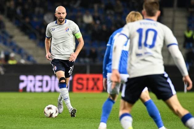 Dinamo s Josip Misic pictured in action during a soccer game between Belgian team KRC Genk and Croatian GNK Dinamo Zagreb, Thursday 26 February 2026 in Genk, in the play-off for the knockout phase of the UEFA Europa League tournament. Genk won the first leg 1-3. JILLxDELSAUX  x165471807x