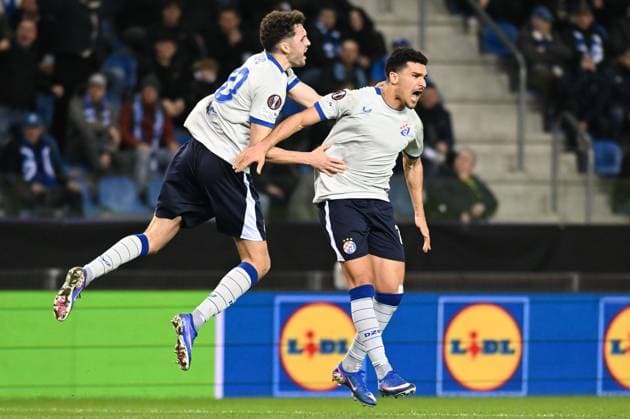 Dinamo s Monsef Bakrar celebrates after scoring during a soccer game between Belgian team KRC Genk and Croatian GNK Dinamo Zagreb, Thursday 26 February 2026 in Genk, in the play-off for the knockout phase of the UEFA Europa League tournament. Genk won the first leg 1-3. JILLxDELSAUX  x165474110x