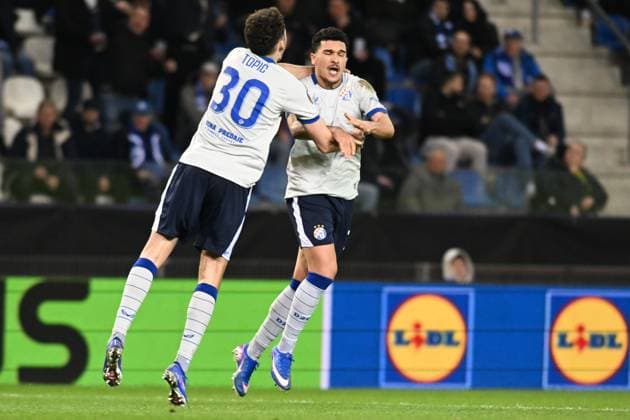 Dinamo s Monsef Bakrar celebrates after scoring during a soccer game between Belgian team KRC Genk and Croatian GNK Dinamo Zagreb, Thursday 26 February 2026 in Genk, in the play-off for the knockout phase of the UEFA Europa League tournament. Genk won the first leg 1-3. JILLxDELSAUX  x165474177x