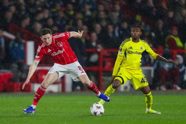 Nottingham Forest v Fenerbahce SK, UEFA Europa League Elliot Anderson Of Nottingham Forest battles with Dorgeles Nene Of Fenerbache during the Nottingham Forest v Fenerbahce SK UEFA Europa League Play-Offs 2nd Leg match at the City Ground, West Bridgford, England on 26 February 2026 Credit: Lee Keuneke Every Second Media Editorial use only. All images are copyright Every Second Media Limited. No images may be reproduced without prior permission. Copyright: xIMAGO EveryxSecondxMediax ESM-1824-0020 LeexKeunekex xEveryxSecondxMediax