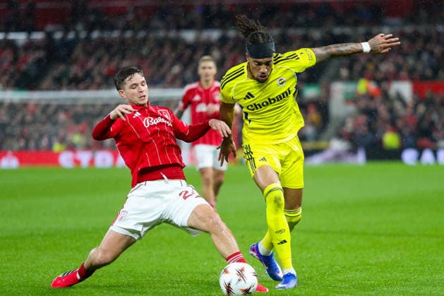 Nottingham Forest v Fenerbahce SK, UEFA Europa League James McAtee Of Nottingham Forest Slide Tackles Archie Brown Of Fenerbache during the Nottingham Forest v Fenerbahce SK UEFA Europa League Play-Offs 2nd Leg match at the City Ground, West Bridgford, England on 26 February 2026 Credit: Lee Keuneke Every Second Media Editorial use only. All images are copyright Every Second Media Limited. No images may be reproduced without prior permission. Copyright: xIMAGO EveryxSecondxMediax ESM-1824-0023 LeexKeunekex xEveryxSecondxMediax